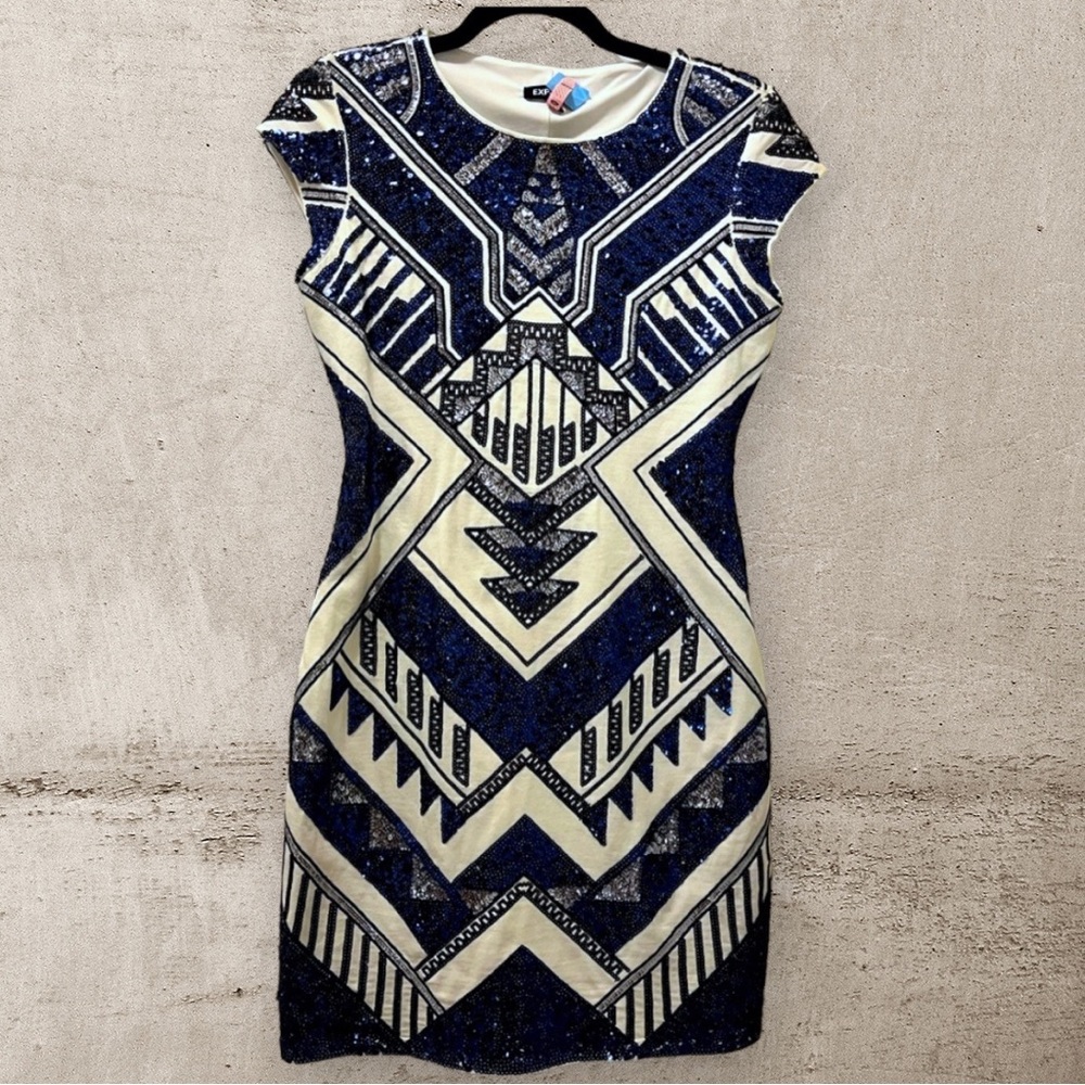 Express Blue & White Sequin Aztec Dress